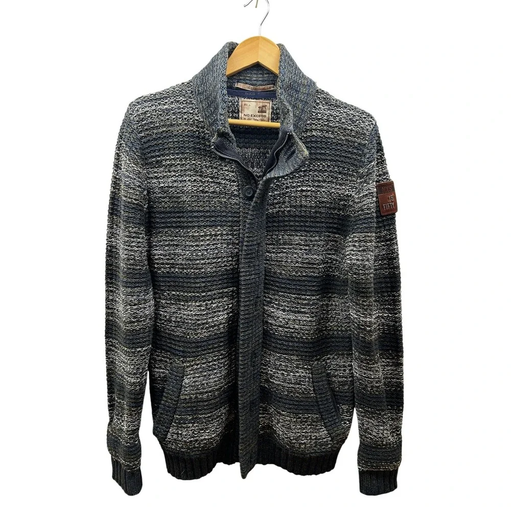 No Excess Knit Cardigan Men L Blue Gray Heavy Full-Zip Sweater 100% Cotton Dutch